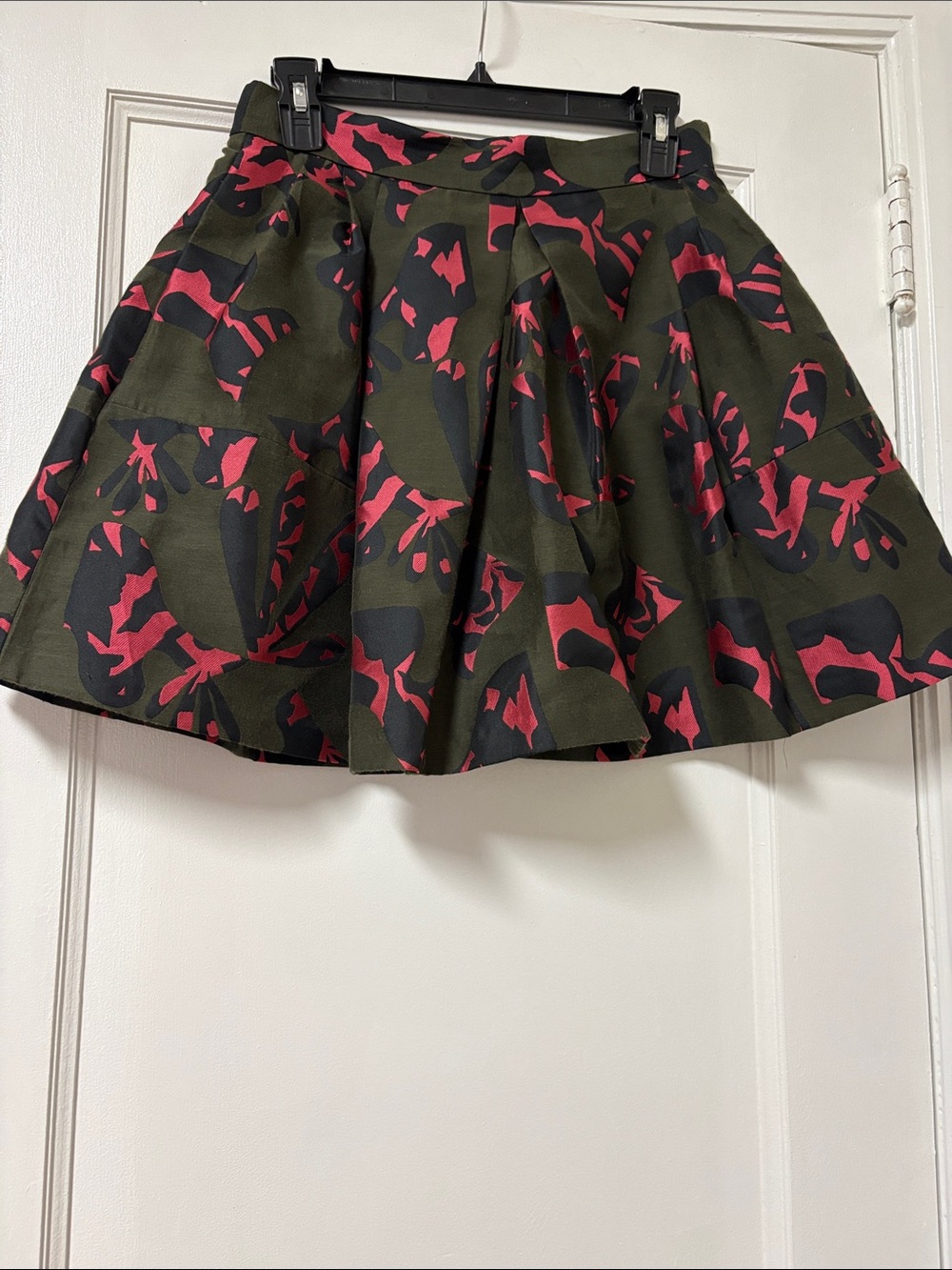 Pleated Olive Green & Pink Patterned Skirt